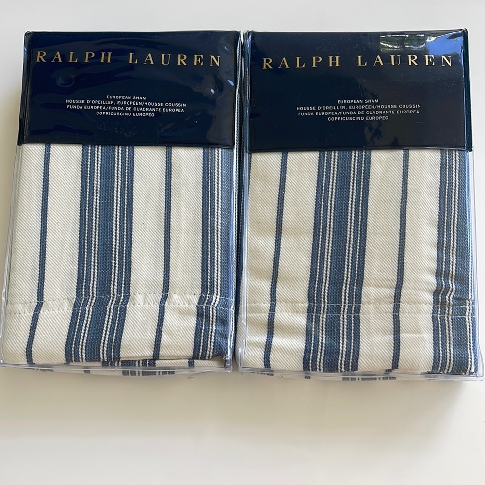 Ralph Lauren Indigo Cottage European Sham Set. Blue White Stripe. $430